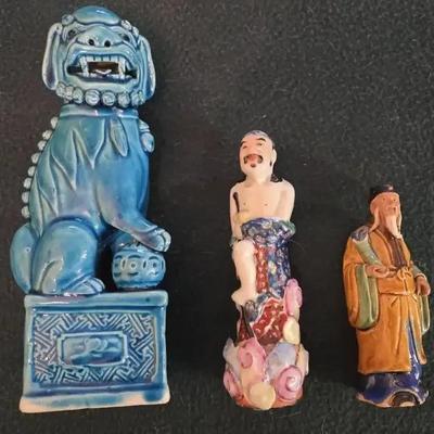 Chinese Porcelain Figurines; Turquoise-Glazed Foo Dog & Two People