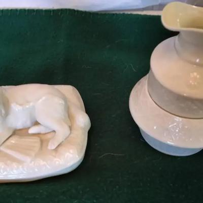 Belleek Parian Porcelain "Spaniel on a Cushion" & a Belleek Pitcher