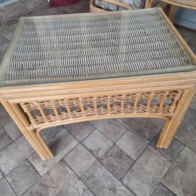 Vintage Rattan and Bamboo Side Table with Glass Top