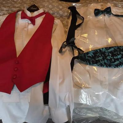 Men's Chaplin & After Six Dress Shirts With Bow Ties, Vest, Cumber Bun & Suspenders 