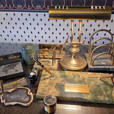 Sheaffer Vintage Green Marble Double Ball Pen Desk Set, Brass Lamp And Vintage Office Desk Items