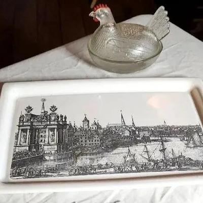 CorningWare Serving Tray And Vintage Hen Candy Dish 