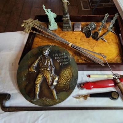 Civil War Era Bayonet, Vintage Drawer Pulls And Knobs, Icepick, Zippo, & Other Items Pictured 