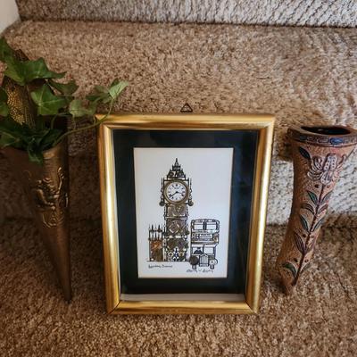 Vintage Pressed Metal Wall Pocket, London Scene 3D Big Ben Clock Portrait, Japan Ceramic Wall Vase