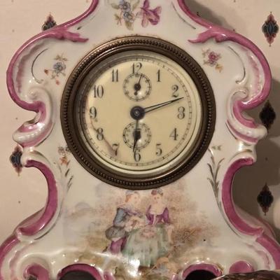 Antique Hand Painted Porcelain Mantel Clock With Wall Hangers 