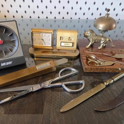 Aachen Vintage Clock And Other MCM Brass Desk Decor, Brass Desk Bell, 