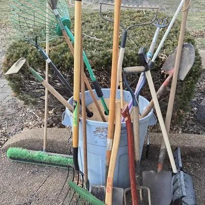 Yard Tool Lot, Rake, Shovels, Ax And Everything Else Shown