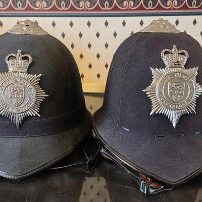 Set Of 2 Vintage UK Bobby Custodial Helmet West Mercia Constabulary And Accessories 