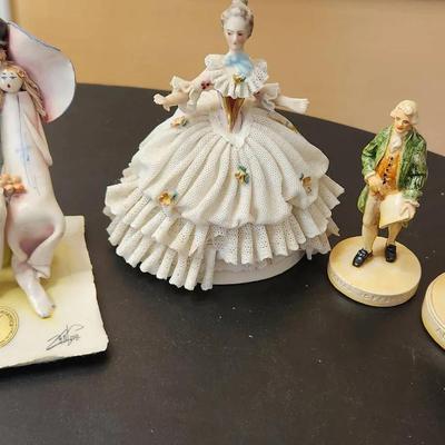 Elegant Porcelain Dresden Lady Figurine, Zampiva Italy Figurine, Sebastian, & Thomas Jefferson 