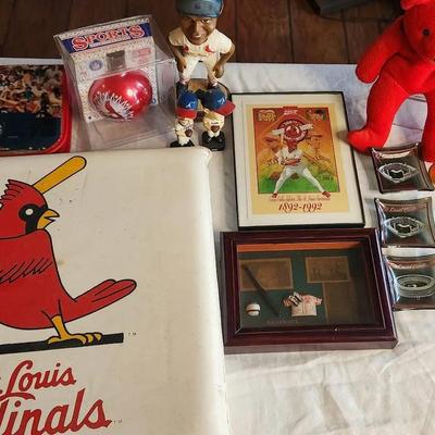 St. Louis Cardinals Baseball Memorabilia With Coins, Beanie Bear, Bobble Heads, Mini Glass Trays