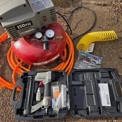 Porter Cable 6 Gallon Air Compressor, Air Nailer, Air Hoses And Accessories 