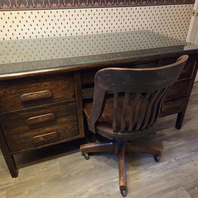 Vintage Solid Oak Desk With Chair