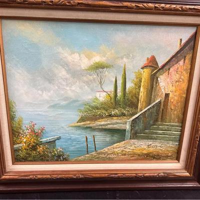 Sale Photo Thumbnail #83: Original Signed Landscape Oil Painting … “Rossini” … Lakeside Village Scene … Framed