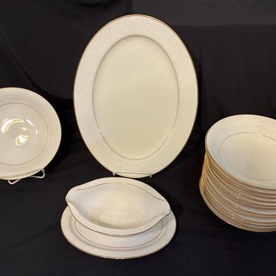 Sale Photo Thumbnail #54: Noritake Ivory China Serving & Dinnerware Set With Embossed Scroll Design And Gold Trim 