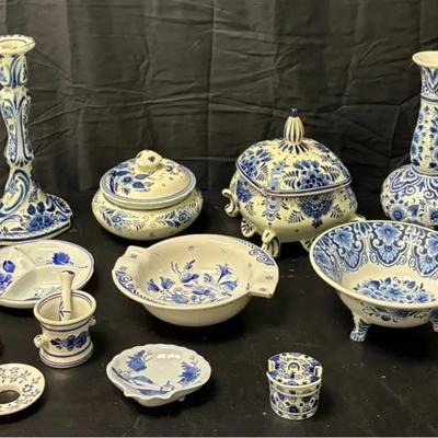 Sale Photo Thumbnail #51: Blue & White Delft-Style Porcelain Collection: Bowls, Candlesticks, Lidded Jars & Decorative Vessels