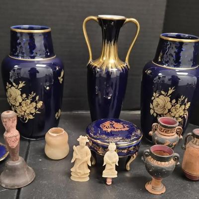 Sale Photo Thumbnail #60: Blue & Gold Decor Collection…Vases, Trinket Box, Mini Jugs, Bell & Carved Figures
