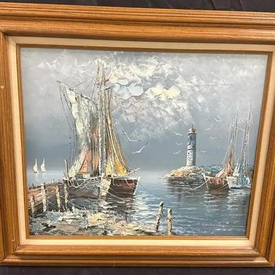 Sale Photo Thumbnail #82: Original Signed Seascape Oil Painting … “R. Lindstrom” … Sailboats & Lighthouse … Framed