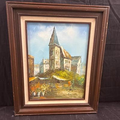 Sale Photo Thumbnail #81: Farmers Market And Church Scene Painting 