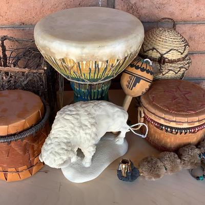 Lot Of Native American Drum , Baskets , Porcelain Bison, Pease Pipe 