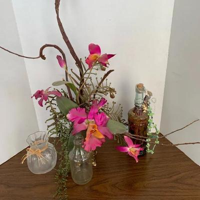 Faux Plant, Decorative Oil Bottle, And Two Misc Bottles