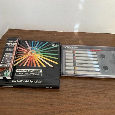 Prismscolor Pencils, Charcoal White Pencils, And Rapidograph Pen Set