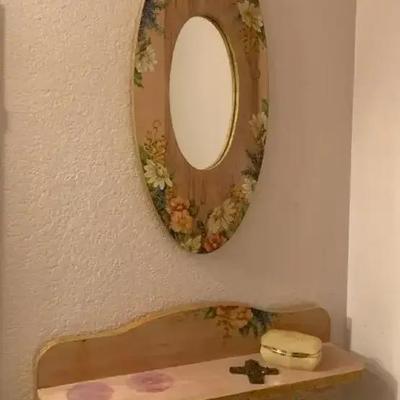Tole Handpainted Mirror And Shelf Set