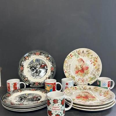 Royal Stafford And Other Santa Plates With Five Christmas Mugs 