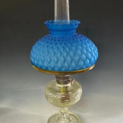 Antique Aladdin Oil Lamp With Patterned Blue Shade 