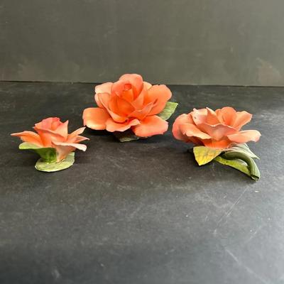 Three Napoleon Italian Ceramic Painted Rose Sculptures 