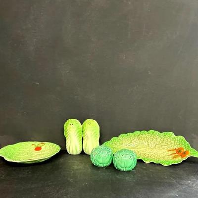 Two Vintage Carlton Ware Leaf And Tomato Dishes With Other Salt And Pepper Shakers 