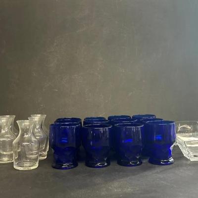 Twelve Cobalt Glass Tumblers, Five Individual Carafes And Crystal Bowls 