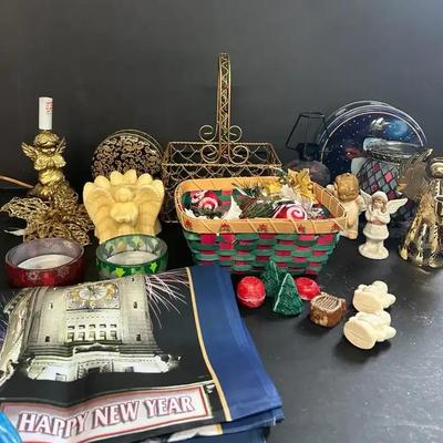 Christmas And Other Decor With A New Years Flag, Candles, Baskets 