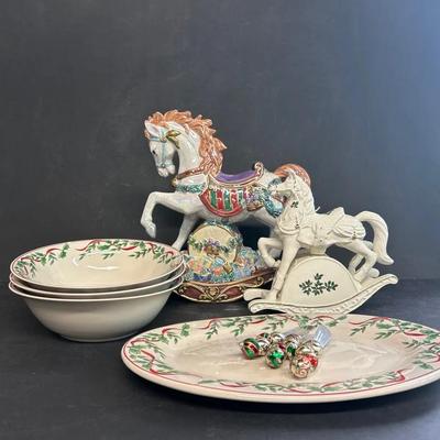 Selection Of Christmas China Serving Bowls, Platter, Rocking Horses And More
