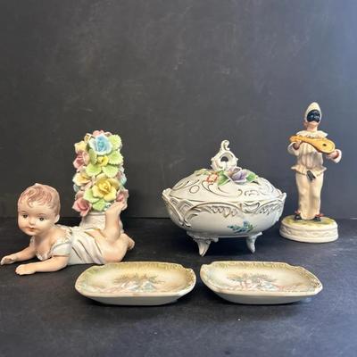 Dresden Porcelain Floral Dresser Jar, Italian Harlequin Figure, Piano Baby And More