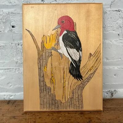 David Stephenson Pyrography And Painted Maple Panel Depicting A Red-headed Woodpecker