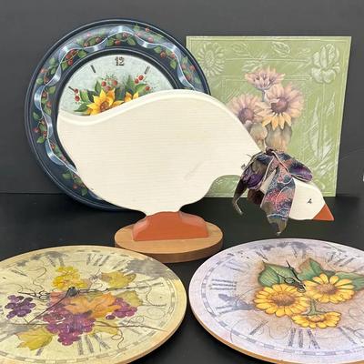 Hand Decorated And Painted Clock Faces And Wooden Goose 
