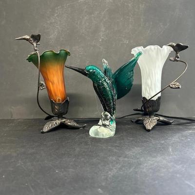 A Murano Glass Hummingbird With Two Hummingbird Thematic Miniature Accent Lamps