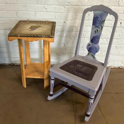 Hand Painted Rocking Chair With Ceramic Tile Top Side Table 