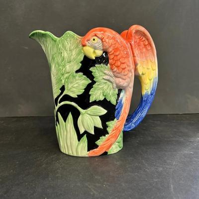 Vintage Fitz & Floyd Painted Ceramic Parrot Pitcher, 1986