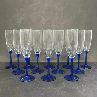 Set Of 12 Libbey Domain Blue Champagne Flutes