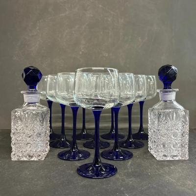 Set Of Ten Luminarc France Neptune Cobalt Stemmed Wine Glasses With Two Cobalt Stoppered Decanters