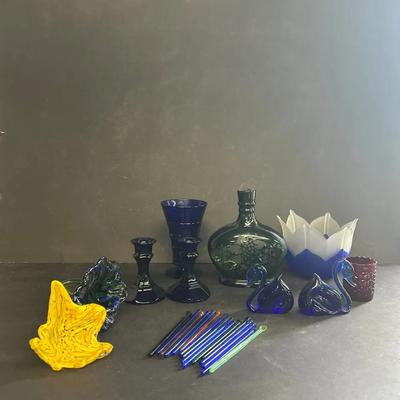 Art Glass Flowers And Swizzle Sticks, Cobalt And Green Glass And More 