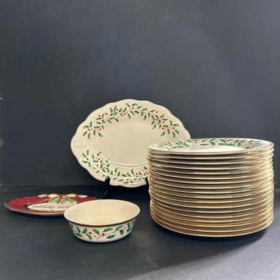 Lenox “Holiday” China With 18 Plates, Tray, Bowl And Fitz & Floyd Tray
