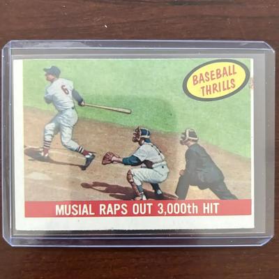 1959 Topps Baseball Card. Stan Musial - Musial Raps Out 3000th Hit. Card #470