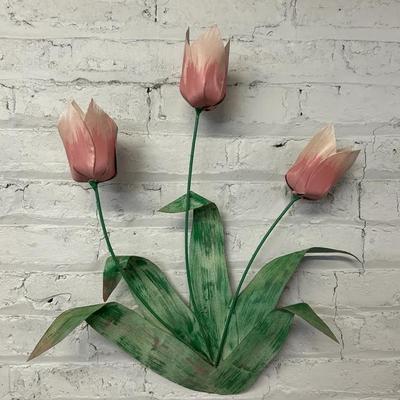A Pastel-Painted Metal Wall Sculpture Of Pink Tulips 
