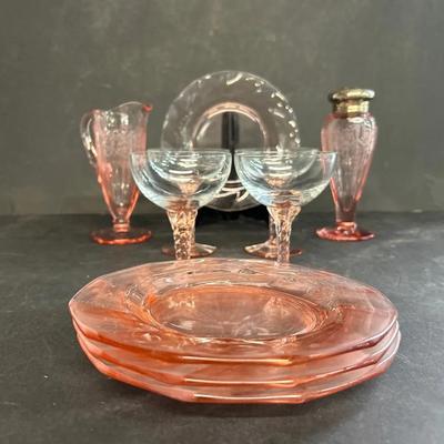 Fostoria, Heisey, Other Depression Glass With Champagne Coupes, Dessert Plates And Cream & Sugar