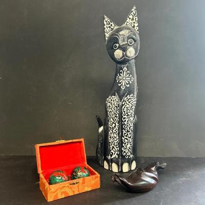 Hand Carved Indonesian Balsa Wood Cat Sculpture By Sarda With Cloissone Medicine Balls And Wood Seal