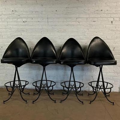 Set Of Four MCM / Spanish Revival Wrought Iron And Vinyl Bar Stools By Daystrom Furniture 