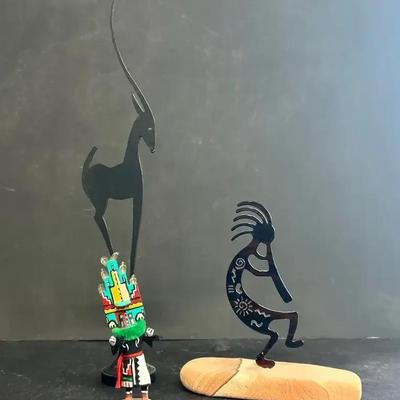 Native American Miniature Kachina With Enameled And Sandstone Kokopelli Sculpture And Ibex Sculpture