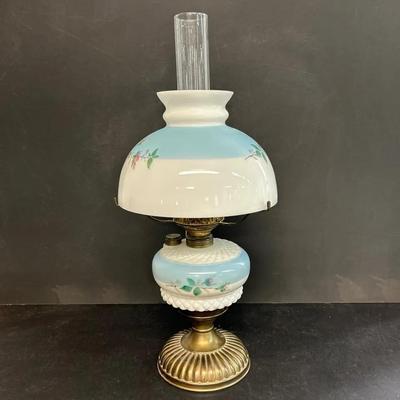 Vintage Oil Lamp With Painted Milk Glass Shade 